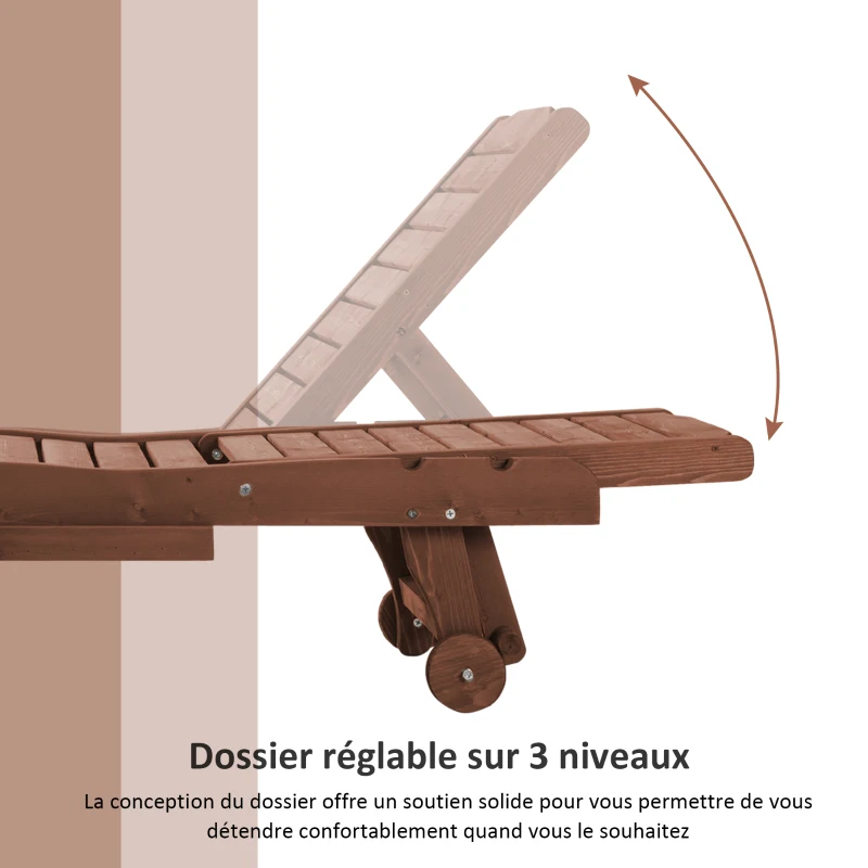 Outsunny Bain de Soleil transat Style Colonial Dossier réglable 3 Positions roulettes Tablette Support Bois Sapin pré-huilé