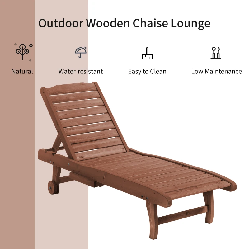 Outsunny Outdoor Wooden Lounger Chair, Sun Bed with Built-In Table, Adjustable Backrest and Wheels, Red Brown