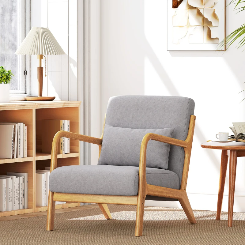 HOMCOM Poltrona Sala de Estar Nórdica Acolchoada com Apoio para os Braços e Estrutura de Madeira de Borracha 61x78x76 cm Cinza