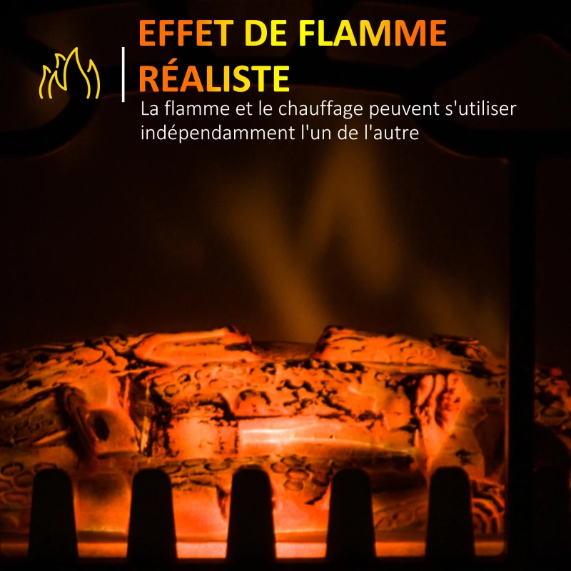 HOMCOM Cheminée électrique radiateur Imitation Flamme avec luminosité et réglable 925 W / 1850 W Porte métal Verre trempé Noir