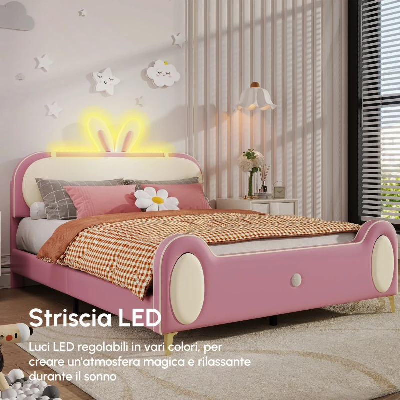 Letto Imbottito con Testiera a Forma di Coniglio e Striscia LED, Letto per Cameretta Senza Materasso, in Pelle PU e MDF, 140x200 cm, Bianco e Rosa