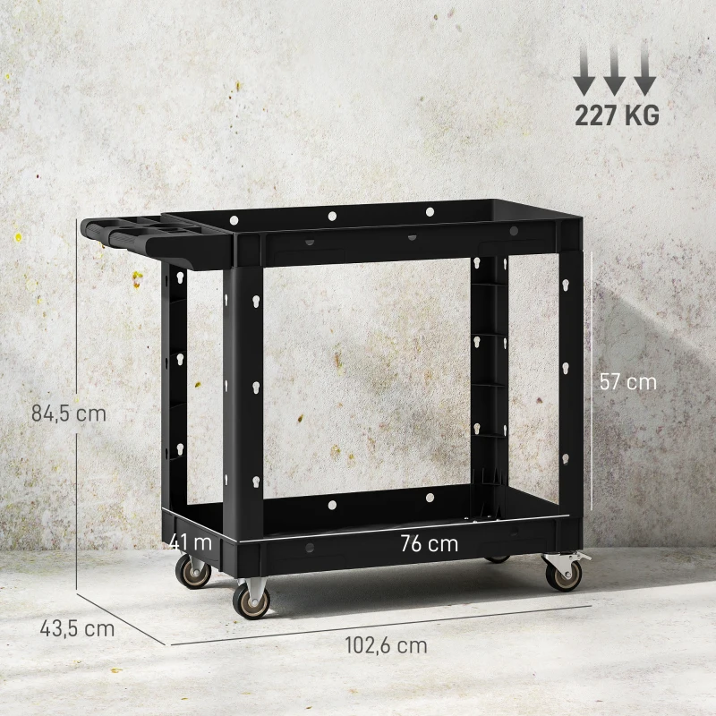 HOMCOM Gereedschapswagen, 2-Laagse Schappen, Handgreep, Wielen, Kunststof, Zwart