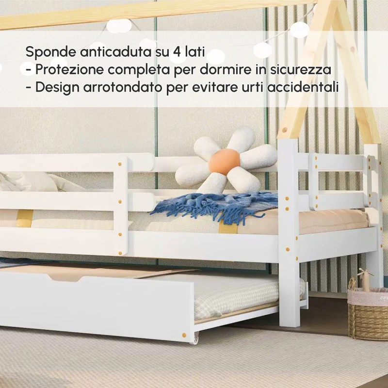 Letto a Casetta Con Letto Estraibile e Ruote, Letto Per Cameretta Senza Materasso, in Legno, 90x200&90x190 cm, Bianco