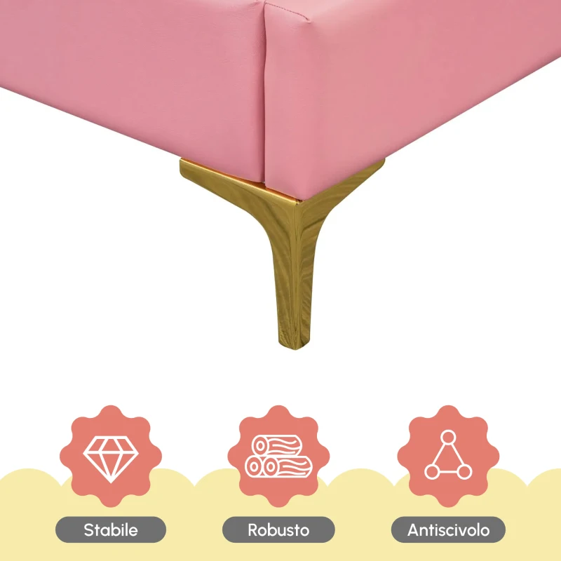 Letto Imbottito con Rete a Doghe, Letto con Testiera Comfort in Pelle PU, Letto per Cameretta per Bambine +6 Anni, Senza Materasso, 140×200 cm, Rosa