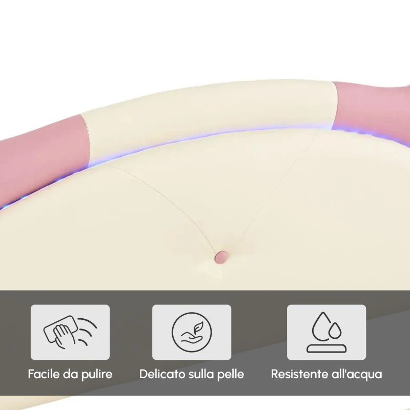 Letto Imbottito con Striscia LED e Doghe in Legno, Letto con Testiera, Rivestimento in Pelle PU, Senza Materasso, 140×200 cm, Bianco e Rosa