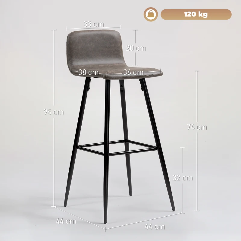 HOMCOM Set 2 Sgabelli Bar con Schienale Basso e Poggiapiedi, Rivestimento in PU e Gambe in Acciaio, Marrone Scuro