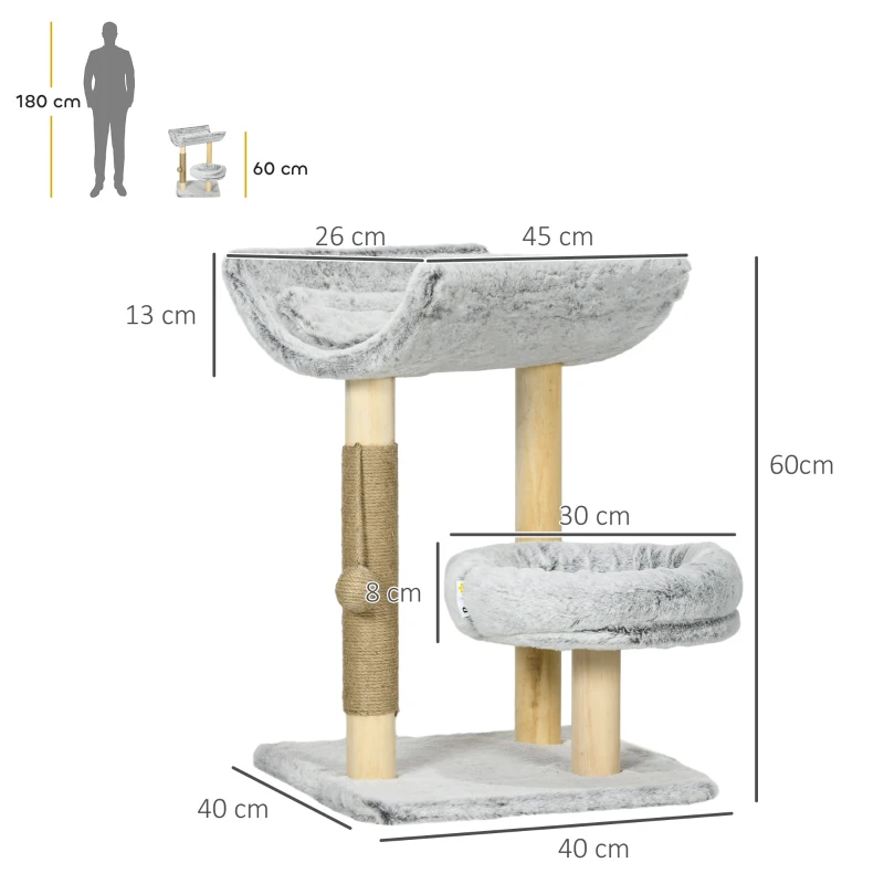 PawHut Abre à chat avec griffoir 1 niche supérieure avec coussin lavable 1 niche ronde peluche hauteur 60 cm gris