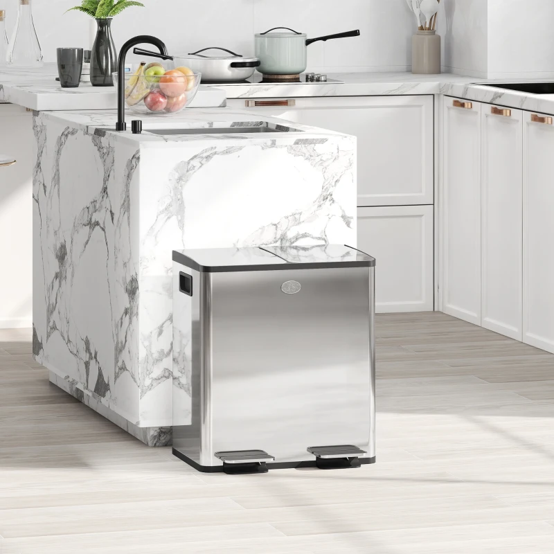 HOMCOM 40L Dual Compartment Stainless Steel Bin, with Deodoriser Holders - Silver Tone