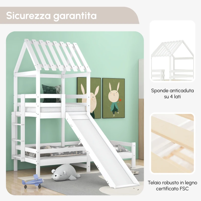 Letto a Casetta con Scivolo, Letto a Castello con Protezione Anticaduta e Sponde, Senza Materasso, in Legno, 200x90cm & 100x90cm, Bianco