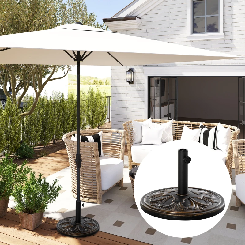 Outsunny Pied de parasol rond base de lestage Ø 48 x 34H cm ciment HDPE motif fleurs de lys poids net 13 Kg noir doré