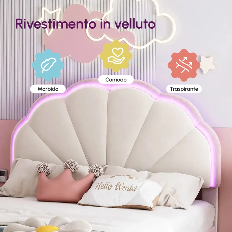 Letto Imbottito con Striscia LED Multicolore, Testiera Ondulata e Gambe Imbottite, Senza Materasso, in Velluto, 90×200 cm, Bianco e Rosa