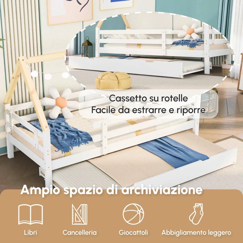 Letto a Casetta Con Letto Estraibile e Ruote, Letto Per Cameretta Senza Materasso, in Legno, 90x200&90x190 cm, Bianco