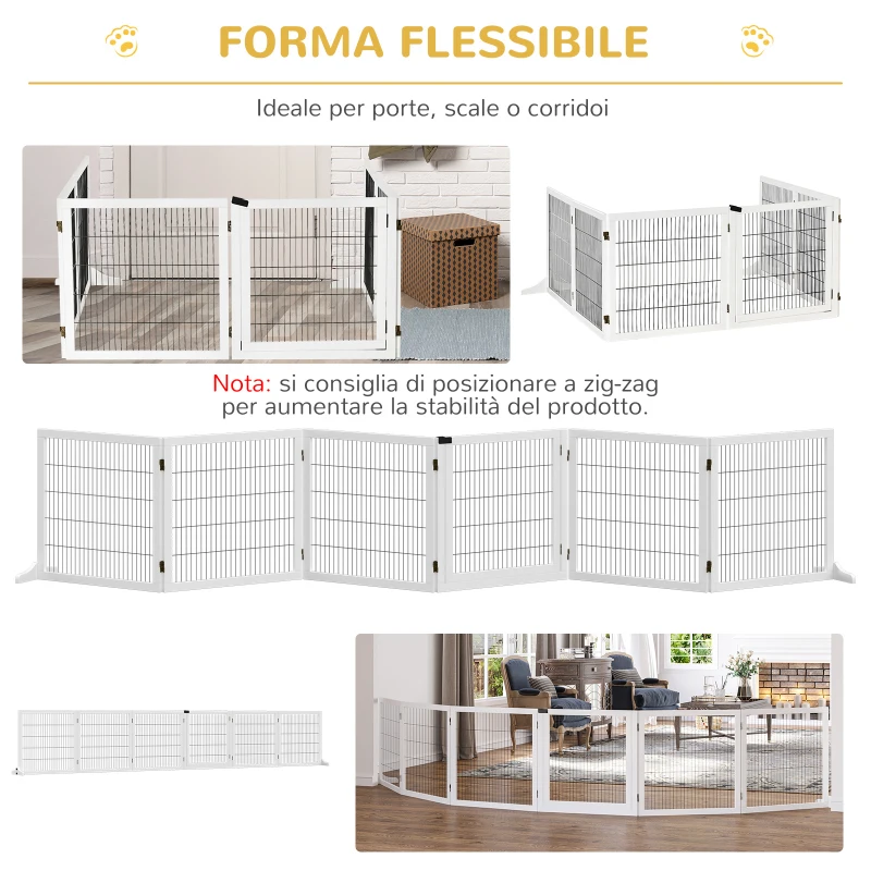 PawHut Cancelletto per Cani di Piccola/Media Taglia a 6 Pannelli Pieghevoli, in Legno e Acciaio, 432x36x70 cm, Bianco