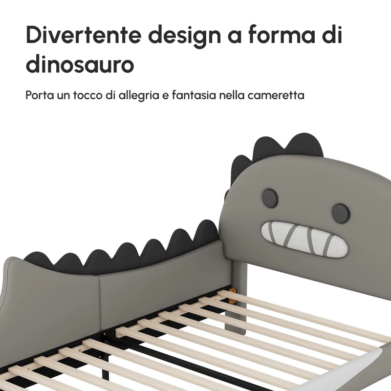 Letto Imbottito per Bambini 4+ Anni a Forma di Dinosauro con Doghe in Legno, Rivestimento in Pelle PU, Senza Materasso, 90×200 cm, Grigio