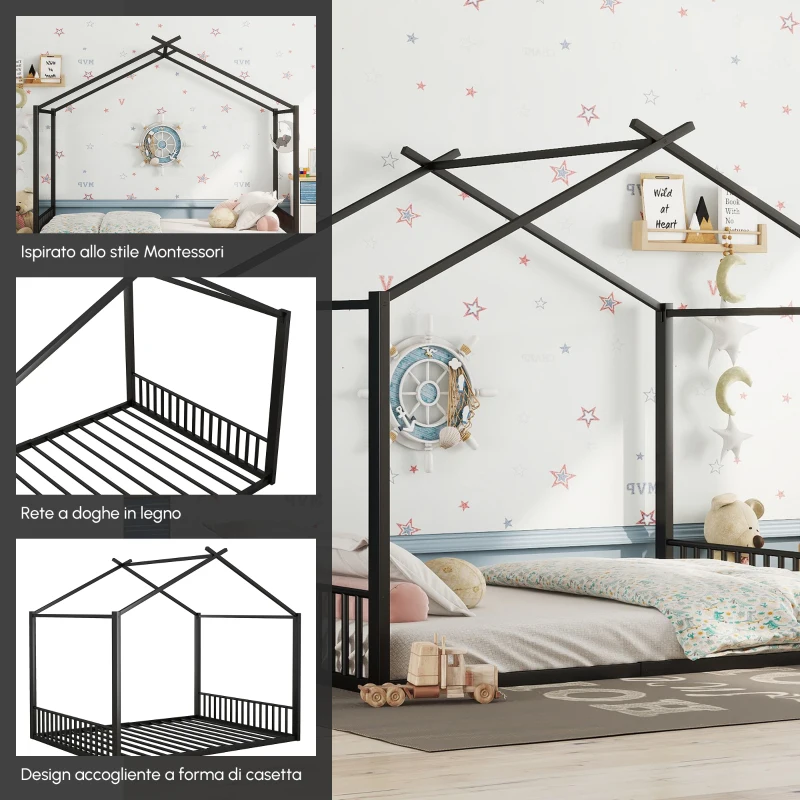 Lettino Moderno per Bambini 4+ Anni con Struttura in Metallo, a Forma di Casa, Senza Materasso, 140×200 cm, Nero