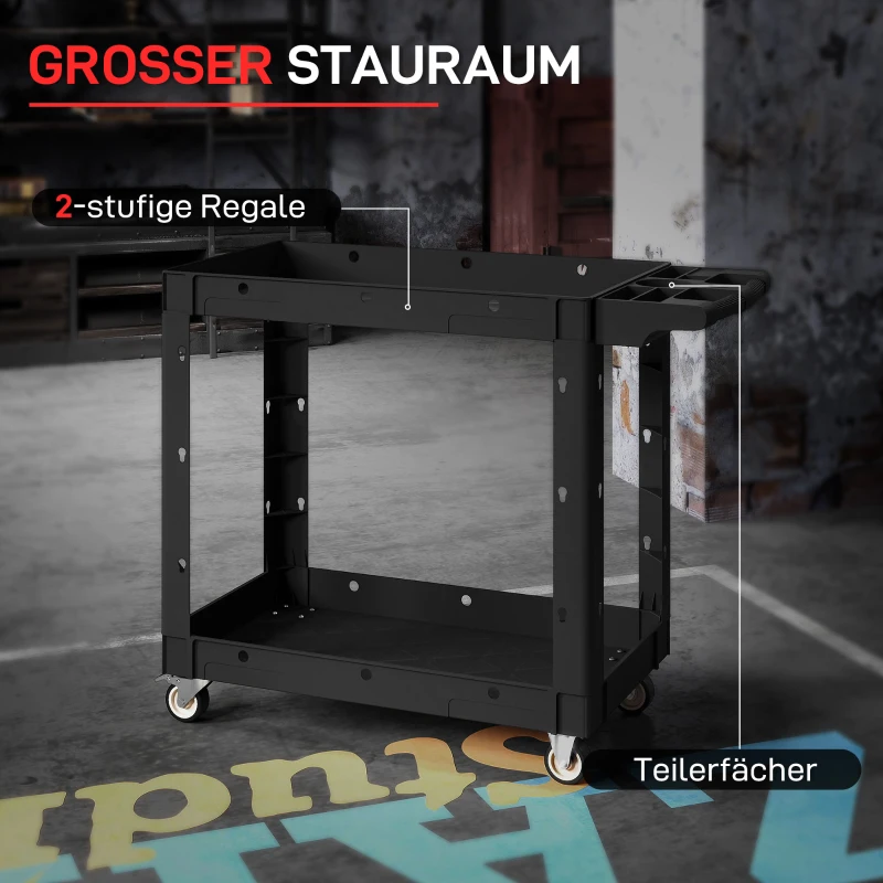 HOMCOM Gereedschapswagen, 2-Laagse Schappen, Handgreep, Wielen, Kunststof, Zwart