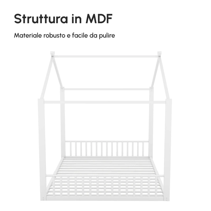 Letto Montessori a Forma di Casa con Struttura in Metallo e MDF, Letto per Cameretta per Bambini 4+ Anni, Senza Materasso, 140×200 cm, Bianco