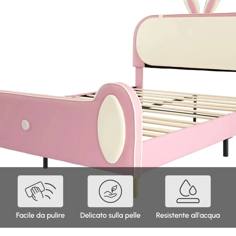 Letto Imbottito con Testiera a Forma di Coniglio e Striscia LED, Letto per Cameretta Senza Materasso, in Pelle PU e MDF, 140x200 cm, Bianco e Rosa
