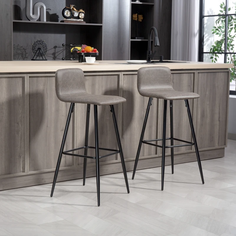 HOMCOM Set 2 Sgabelli Bar con Schienale Basso e Poggiapiedi, Rivestimento in PU e Gambe in Acciaio, Marrone Scuro