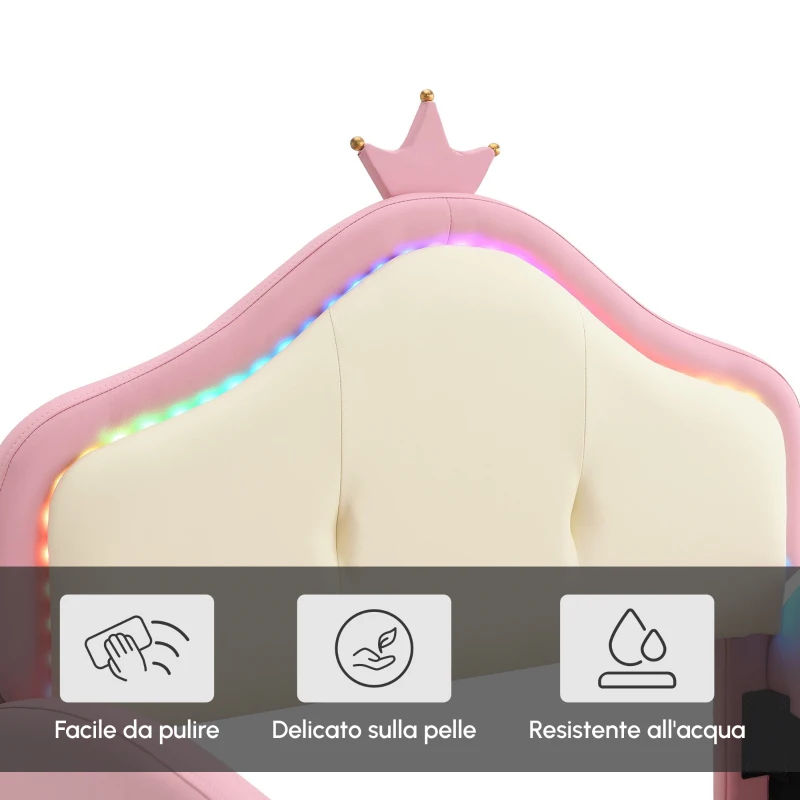 Letto Principessa con Striscia LED, Scivolo e Scala, Design Cartoon con Corona, Senza Materasso, 90x200 cm, Rosa