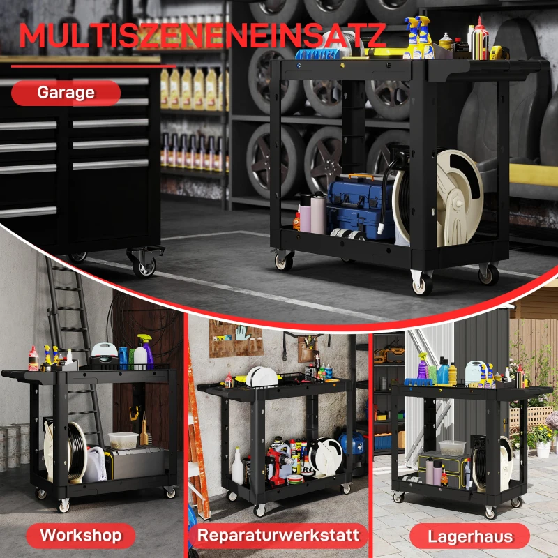 HOMCOM Gereedschapswagen, 2-Laagse Schappen, Handgreep, Wielen, Kunststof, Zwart