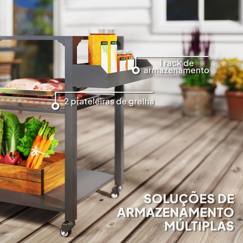 Outsunny Carrinho de Apoio para Barbecue de 3 Níveis com 4 Rodas Prateleiras Mesa de Apoio para Forno de Pizza 105x50x79 cm Preto