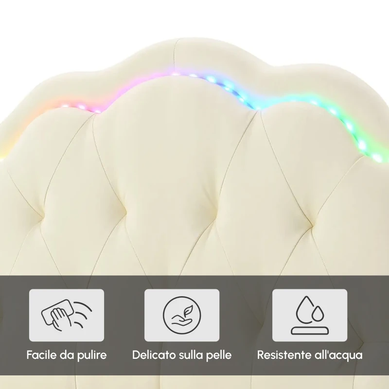 Letto Imbottito con Striscia LED, Testiera Ondulata e Doghe In Legno, Letto per Cameretta in PU, Senza Materasso, 90×200 cm, Bianco