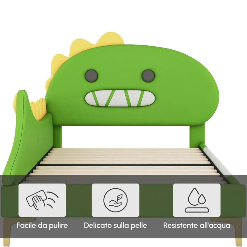 Letto Imbottito per Bambini 4+ Anni a Forma di Dinosauro con Doghe in Legno, Rivestimento in Pelle PU, Senza Materasso, 90×200 cm, Verde