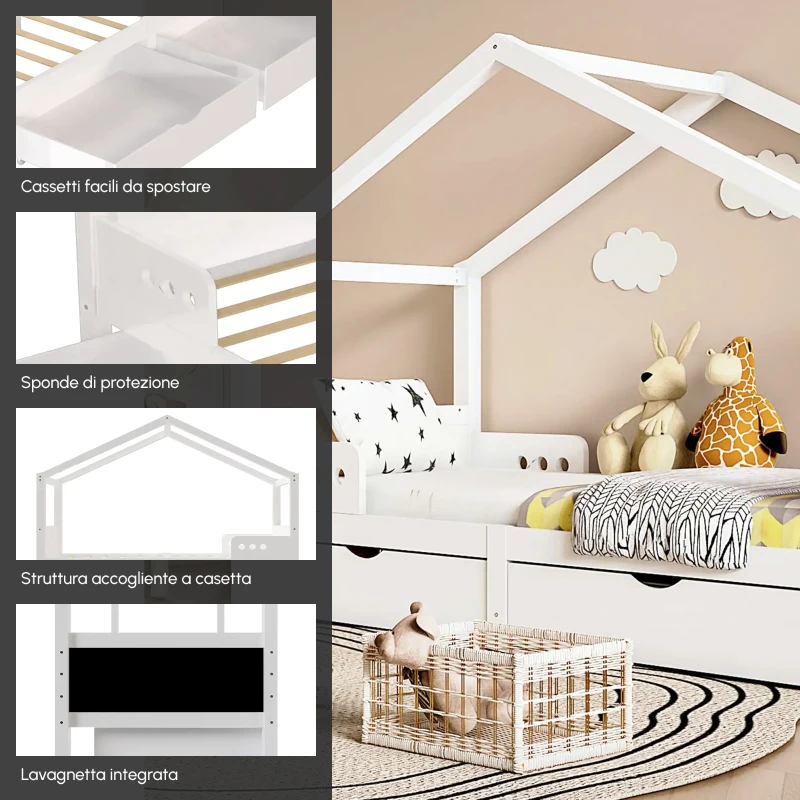 Letto a Casetta per Bambini con Due Cassetti e Lavagna, Rete a Doghe in Legno di Pino, Senza Materasso, 90 x 200 cm, Bianco
