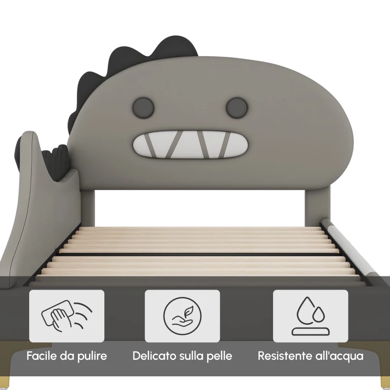 Letto Imbottito per Bambini 4+ Anni a Forma di Dinosauro con Doghe in Legno, Rivestimento in Pelle PU, Senza Materasso, 90×200 cm, Grigio