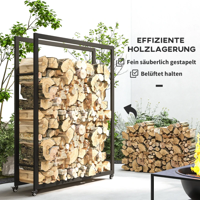 Outsunny Feuerholzgestell mit Rädern, mobil, Metallrahmen, bis 150 kg, 120 x 32 x 151 cm, schwarz
