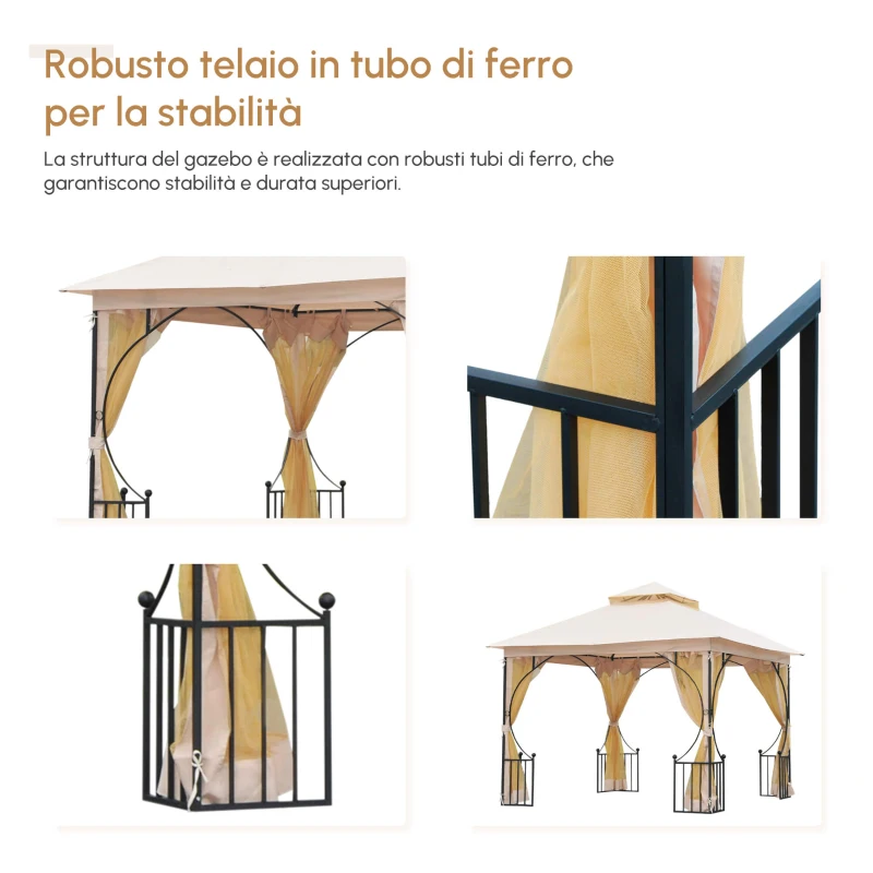 Outsunny Gazebo da Giardino 3x3m in Metallo con Zanzariere e Tettuccio in Poliestere, Beige
