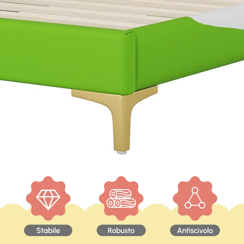Letto Imbottito per Bambini 4+ Anni a Forma di Dinosauro con Doghe in Legno, Rivestimento in Pelle PU, Senza Materasso, 90×200 cm, Verde