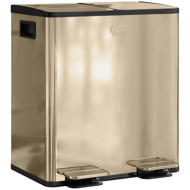 HOMCOM 40L Dual Compartment Stainless Steel Bin, with Deodoriser Holders - Gold Tone