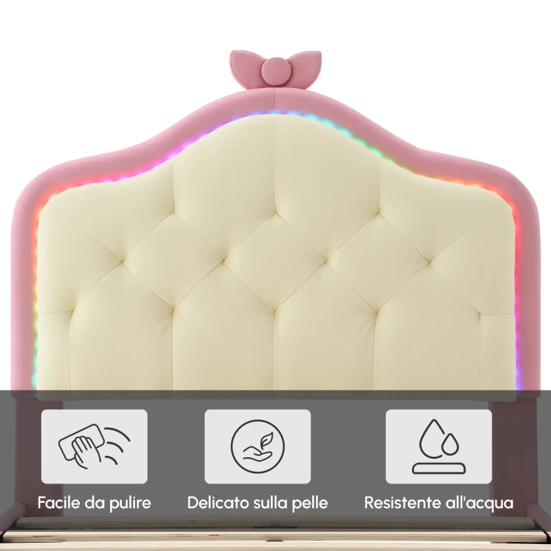 Letto Imbottito con Striscia LED, Testiera con Fiocco Rosa, Rivestimento in PU, Senza Materasso, 90×200 cm, Bianco e Rosa