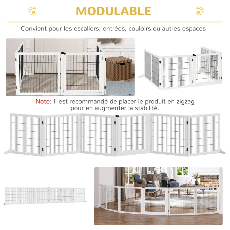 PawHut Barrière de sécurité chien barrière autoportante barrière modulable pliable 6 panneaux 2 pieds support bois de pin