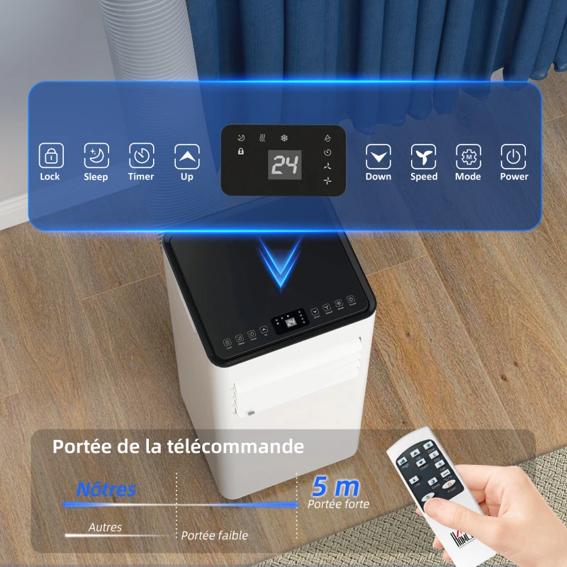 HOMCOM Climatiseur mobile 7000 BTU/H 4 en 1 refroidissement, ventilateur, déshumidificateur minuterie 24H et télécommande, blanc