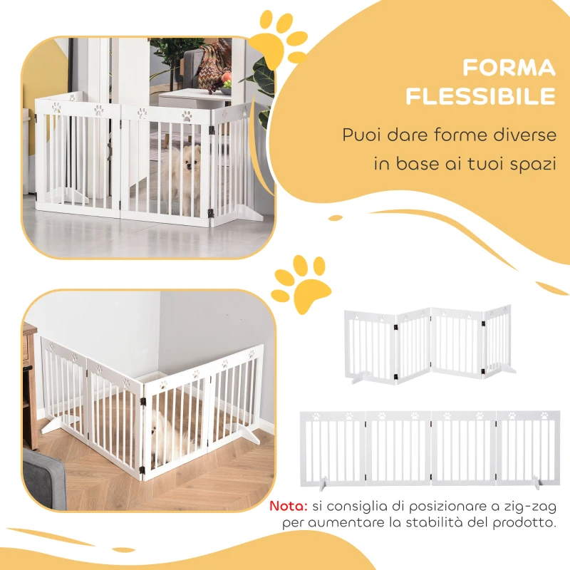 PawHut Cancellino per Cani taglia Piccola Pieghevole con Piedini Rimovibili, Cancelletto di Sicurezza in Legno di Pino, 204x30x61 cm, Bianco