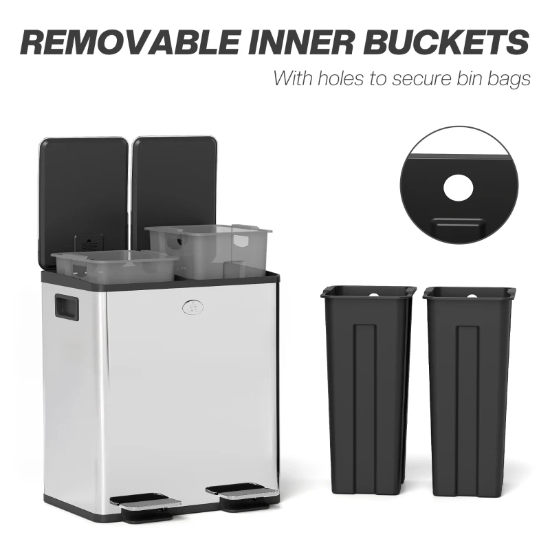 HOMCOM 40L Dual Compartment Stainless Steel Bin, with Deodoriser Holders - Silver Tone