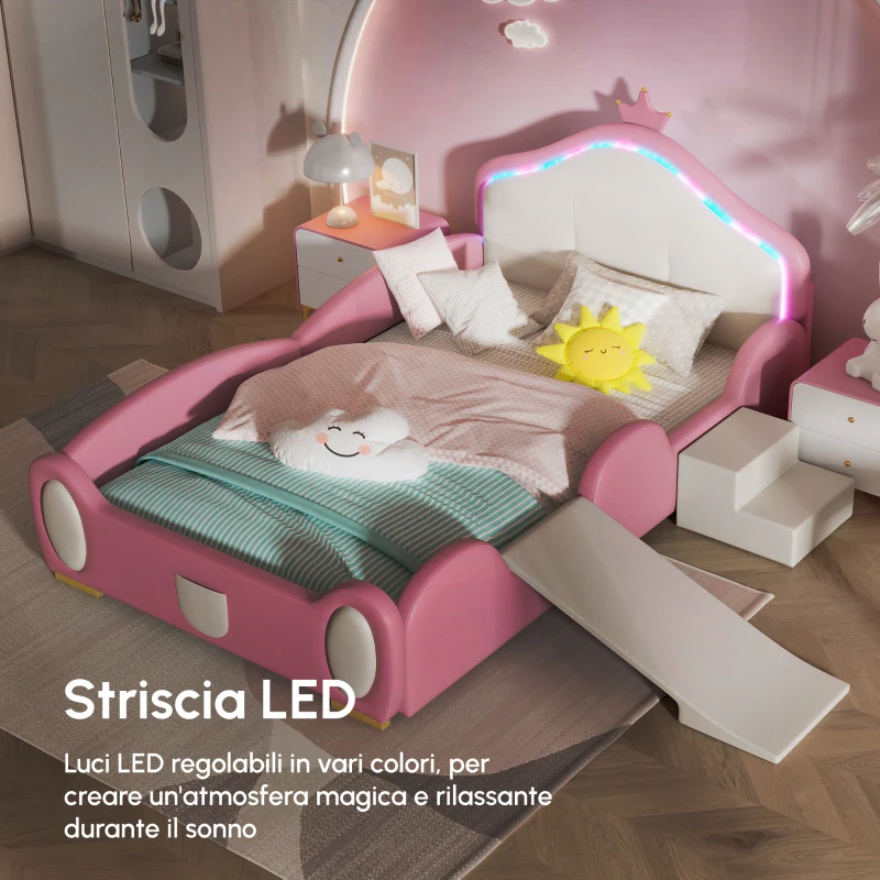 Letto Principessa con Striscia LED, Scivolo e Scala, Design Cartoon con Corona, Senza Materasso, 90x200 cm, Rosa