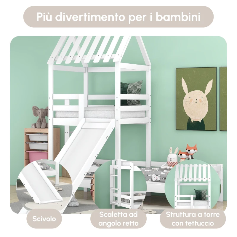 Letto a Casetta con Scivolo, Letto a Castello con Protezione Anticaduta e Sponde, Senza Materasso, in Legno, 200x90cm & 100x90cm, Bianco