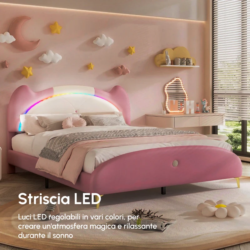 Letto Imbottito con Striscia LED e Doghe in Legno, Letto con Testiera, Rivestimento in Pelle PU, Senza Materasso, 140×200 cm, Bianco e Rosa