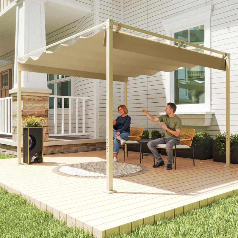 Outsunny Gazebo Pergola 3x3 m con Tettuccio Retrattile, 8 Viti e 8 Picchetti, in Poliestere 180g e Metallo, Cachi