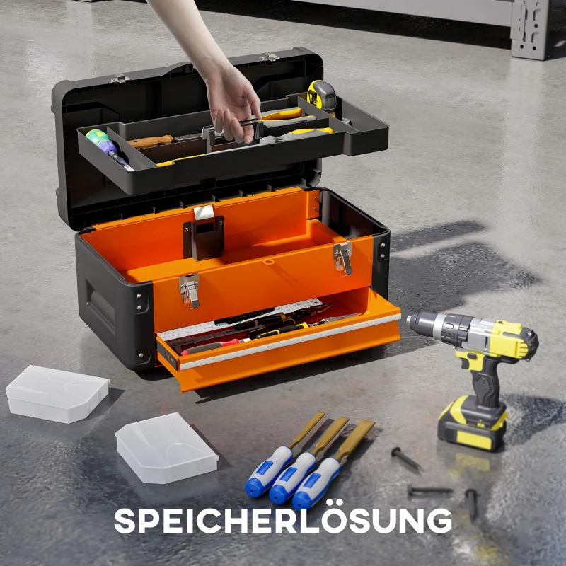HOMCOM Werkzeugkiste leer, 49,7 x 25,3 x 23 cm Werkzeugkasten mit Schublade, Mini-Box Stahl Orange(m-4)
