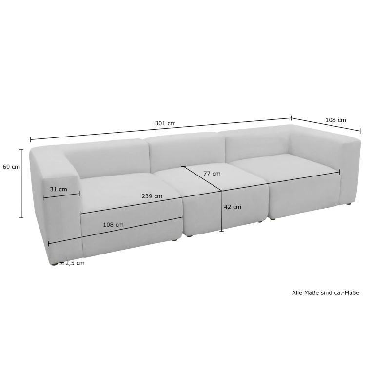 Sofa 800013, 3-Sitzer Garnitur, rechteckig, 3er Couch, 301 x 108 x 69 cm (BxTxH), Hellgrau