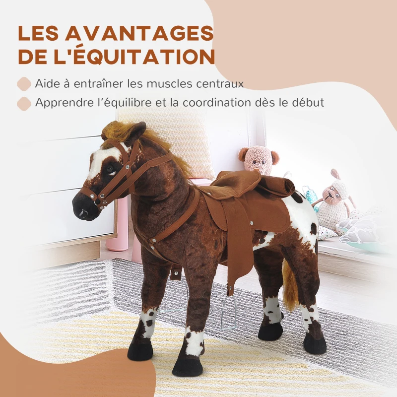 HOMCOM Cheval Debout en Peluche Effets sonores hennissement et Galop Selle étrier rênes 85L x 28l x 60H Marron Blanc(m-6)