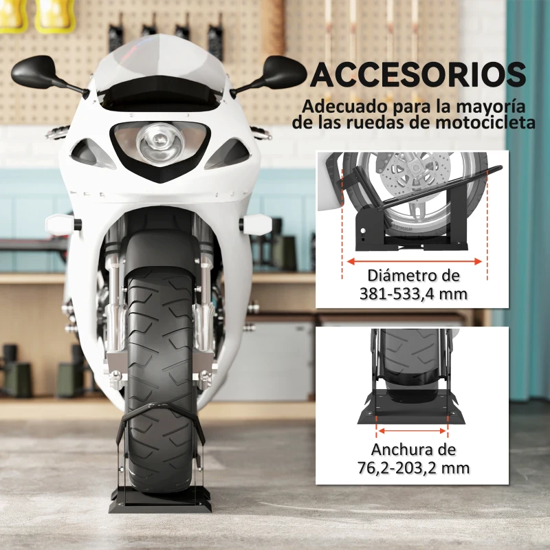 HOMCOM Soporte para Rueda Delantera de Motocicleta Carga 816,5 kg Robusta con Altura Ajustable para Ruedas Ø38,1-53,34 cm Negro