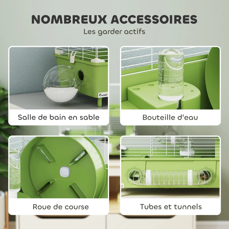 PawHut Cage pour hamster  à 2 niveaux avec roue de course salle de bain en sable pour hamster nain 44,5 x 28 x 44 cm vert