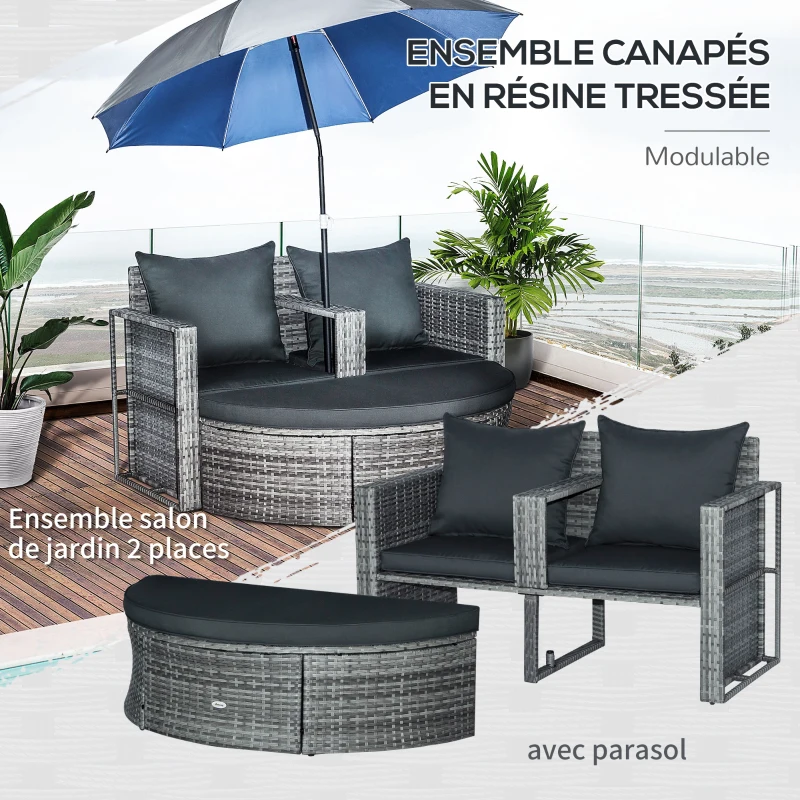 Outsunny Ensemble de salon de jardin 2 pièces en résine tressée - canapé 2 places avec coussins + parasol + repose-pieds - gris