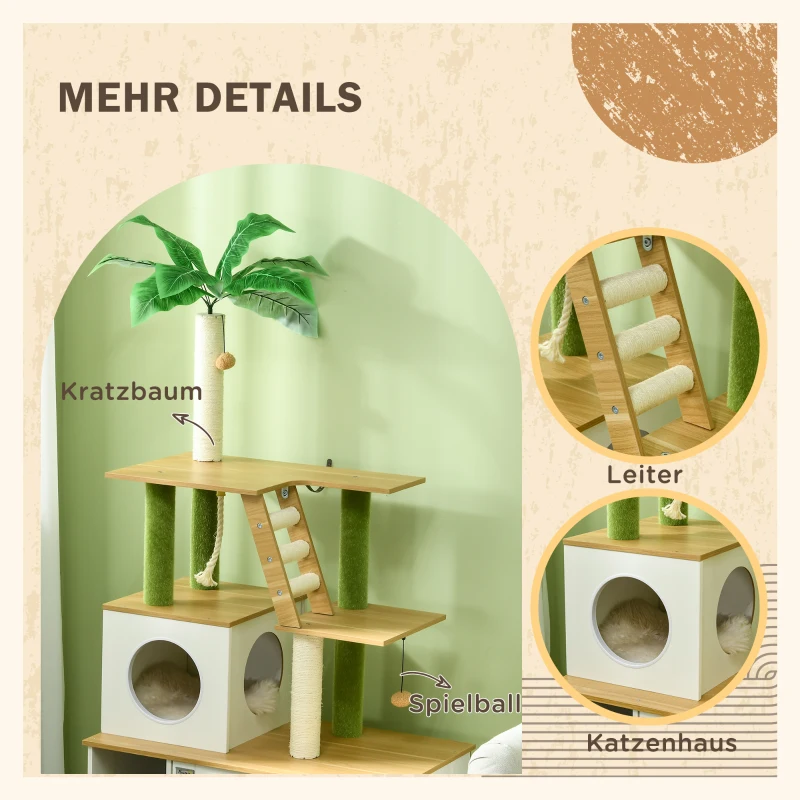 PawHut Kratzbaum Katzenbaum, inkl. Schrank, 1 Katzenhöhle, 80 x 48 x 160cm, 1 Leiter, Eiche + Weiß